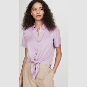 NWT Theory Hekanina Tie-Hem Silk Blouse in Bright Lilac Extra Large